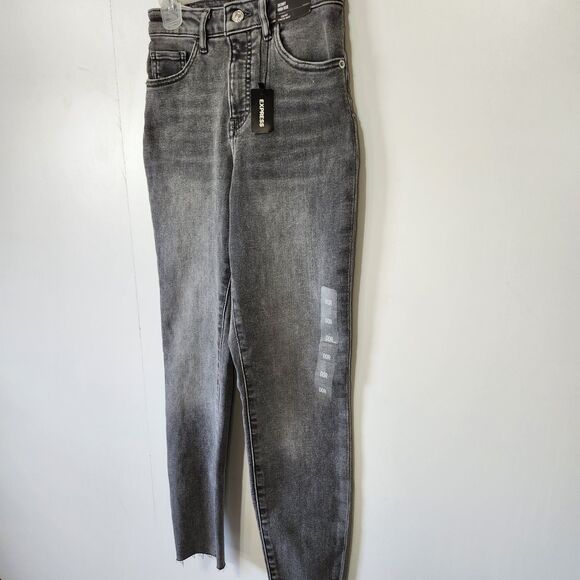 Express NWT 00R Curvy High Waist Washed Black Skinny Jeans Raw Hem Stretch - Picture 2 of 13
